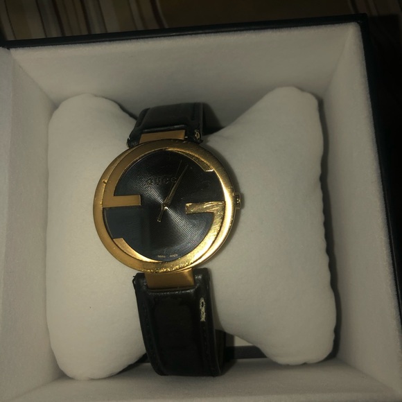 Men's Swiss Interlocking Black Leather Strap Watch - Picture 2 of 5